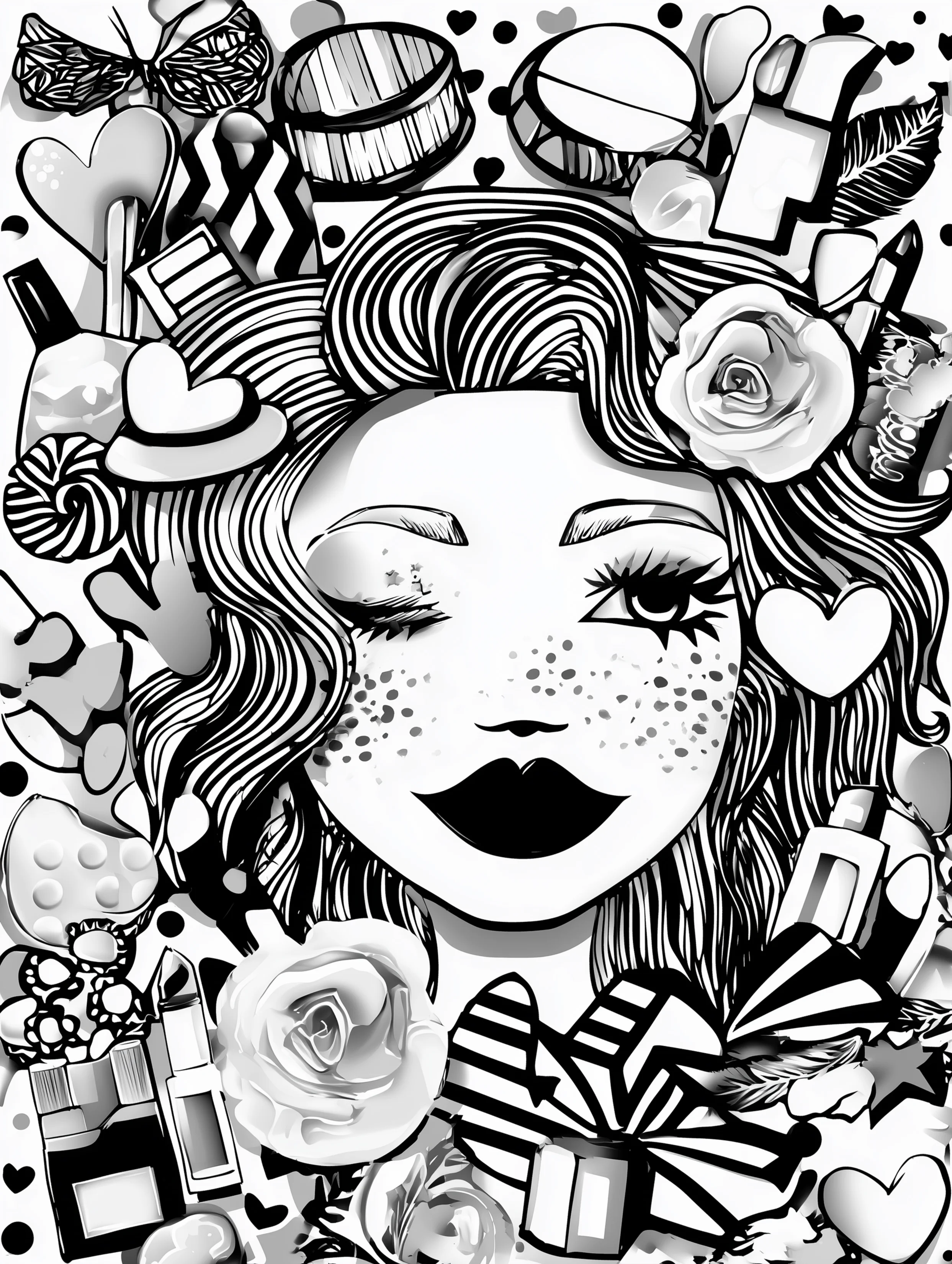 Free printable makeup coloring page for adults featuring a woman with freckles and makeup